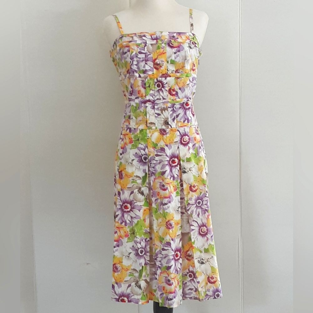 LATINA LIFE 100% Cotton Purple Floral Pleat Spaghetti Strap Fit Flare Dress S 12